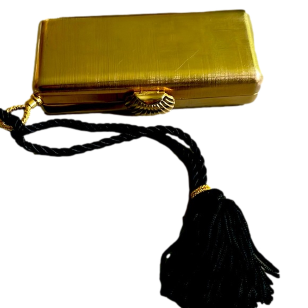 Elizabeth Arden Gold Hardcase Evening Clutch with Black Tassel